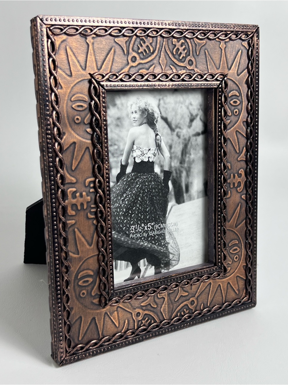 Rustic Cooper Embossed Celestial Sun Tribal Motif 3.5” x 5” Picture Frame